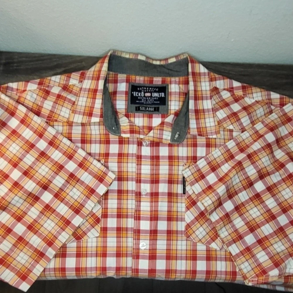 Ecko Unltd Mens 5XL Red Orange Plaid Short Sleeve‎ Western Button Down Shirt